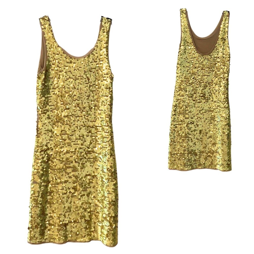BCBG MAXAZRIA GLAM GOLD SEQUIN STRETCHY BODYCON DRESS SCOOP NECK, LINED SZ S - Picture 3 of 7